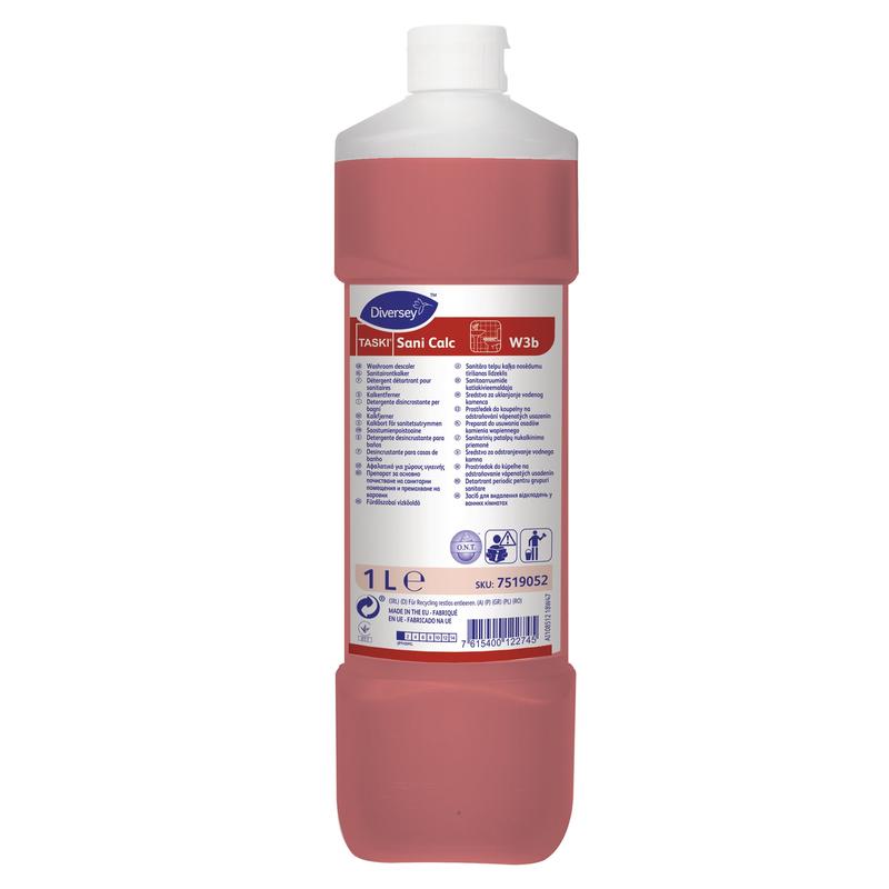 A 1-liter bottle of TASKI Sani Calc sanitary basic cleaner from Diversey with red liquid, white cap, and instructions for use - ideal for the effective removal of limescale deposits thanks to phosphoric acid.
