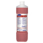 A 1-liter bottle of TASKI Sani Calc sanitary basic cleaner from Diversey with red liquid, white cap, and instructions for use - ideal for the effective removal of limescale deposits thanks to phosphoric acid.