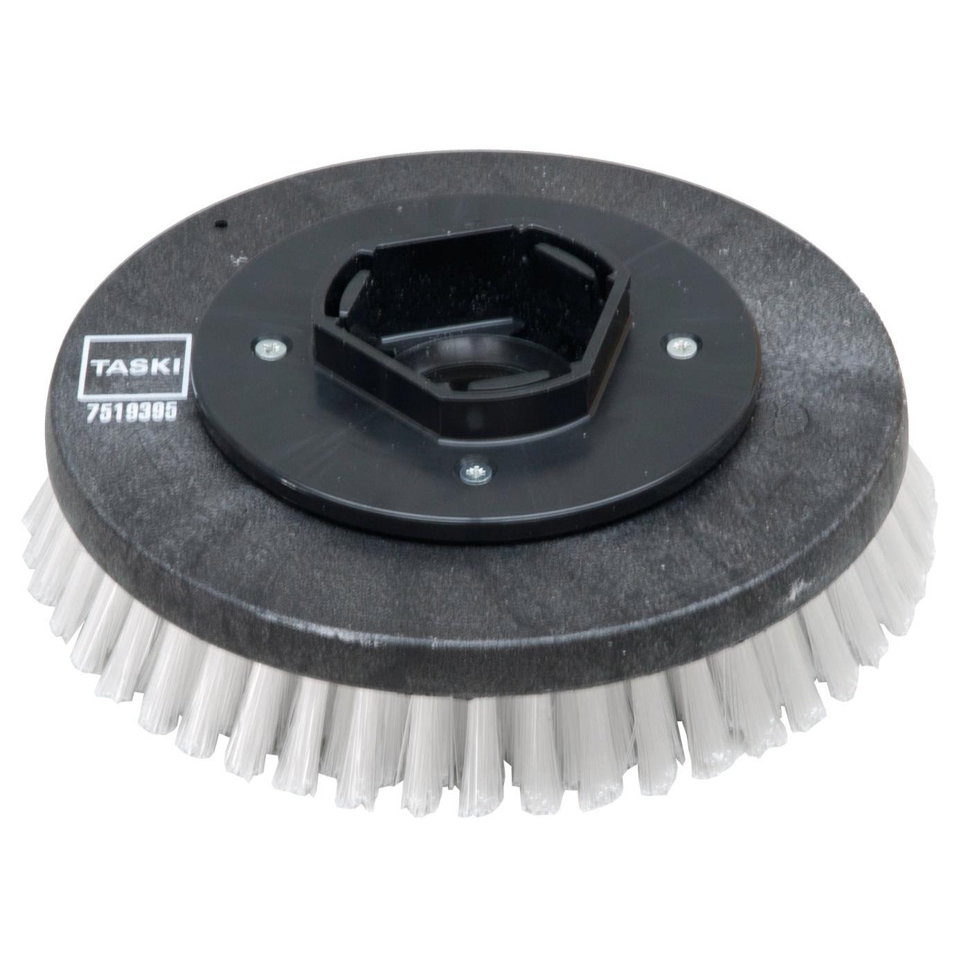 A round black plastic scrubbing brush nylon (28 cm) from Diversey Deutschland GmbH & Co. OHG, with stiff white bristles, suitable for swingo 955/1255/2100/5000 for thorough cleaning - standard scrubbing brush, 1 piece per pack.