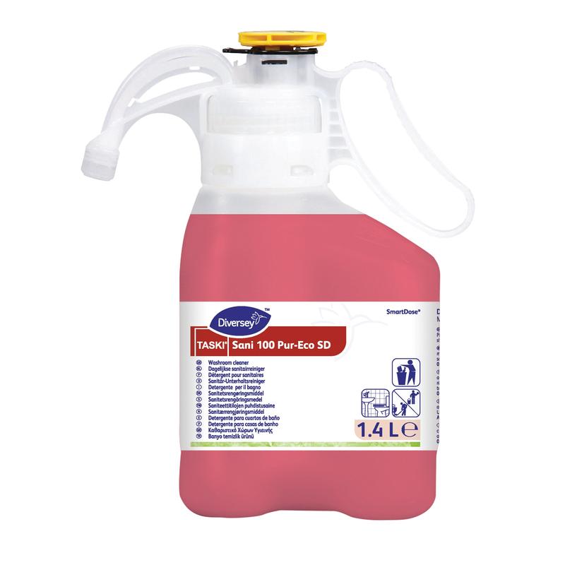 Ein 1,4-Liter-Behälter TASKI Sani 100 Pur-Eco, pH-neutraler Sanitärreiniger von Diversey Deutschland GmbH & Co. OHG, ideal für Marmoroberflächen, mit EU-Umweltzertifizierung; mit weißem Deckel/Griff, gelber Kappe, roter Flüssigkeit.