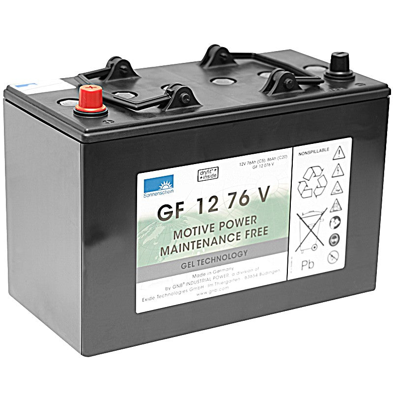 A black battery traction block 12V/76Ah gel battery from Diversey Deutschland GmbH & Co. OHG, maintenance-free with red/black clamps and safety/recycling symbols on a white label. Operating voltage: 12V, capacity: 76Ah. Packaging (1 piece).