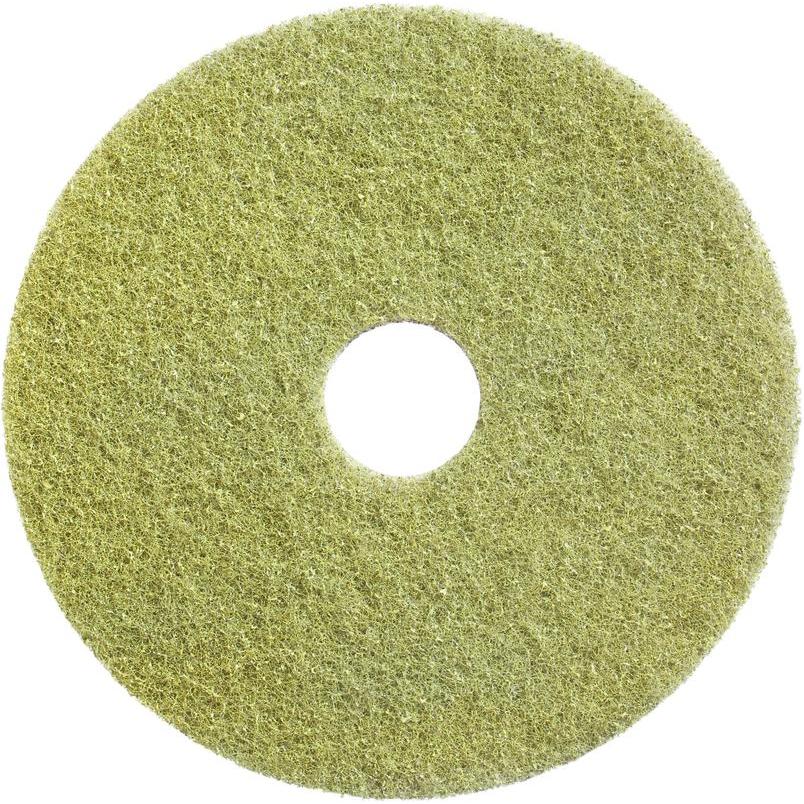 The Diversey Twister Pad (yellow) by Diversey Deutschland GmbH & Co. OHG is a coarse, round yellowish-green restoration pad for stone floors with a central hole, depicted from above on a white background.