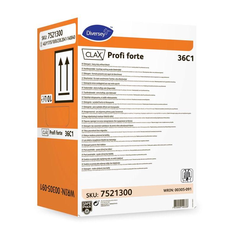 Eine rechteckige 10-Liter-Packung Clax Profi Forte 36C1 Flüssigwaschmittel von Diversey Deutschland GmbH & Co. OHG mit orangefarbener und weißer Beschriftung und mehrsprachiger Anleitung ist für die Verwendung in gewerblichen Waschmaschinen bestimmt.