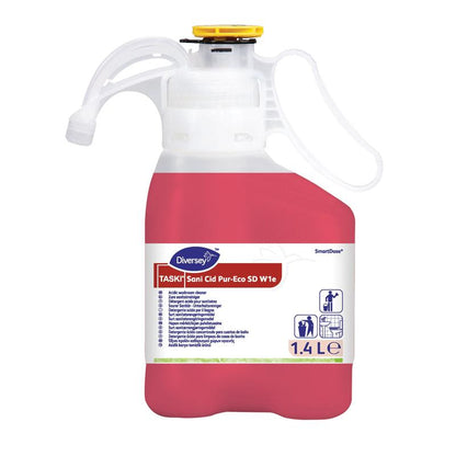 A 1.4-liter bottle of TASKI Sani Cid, a highly concentrated sanitary cleaner based on citric acid from Diversey Deutschland GmbH & Co. OHG, features a red liquid, a labeled front, a handle, and a yellow dispenser cap.