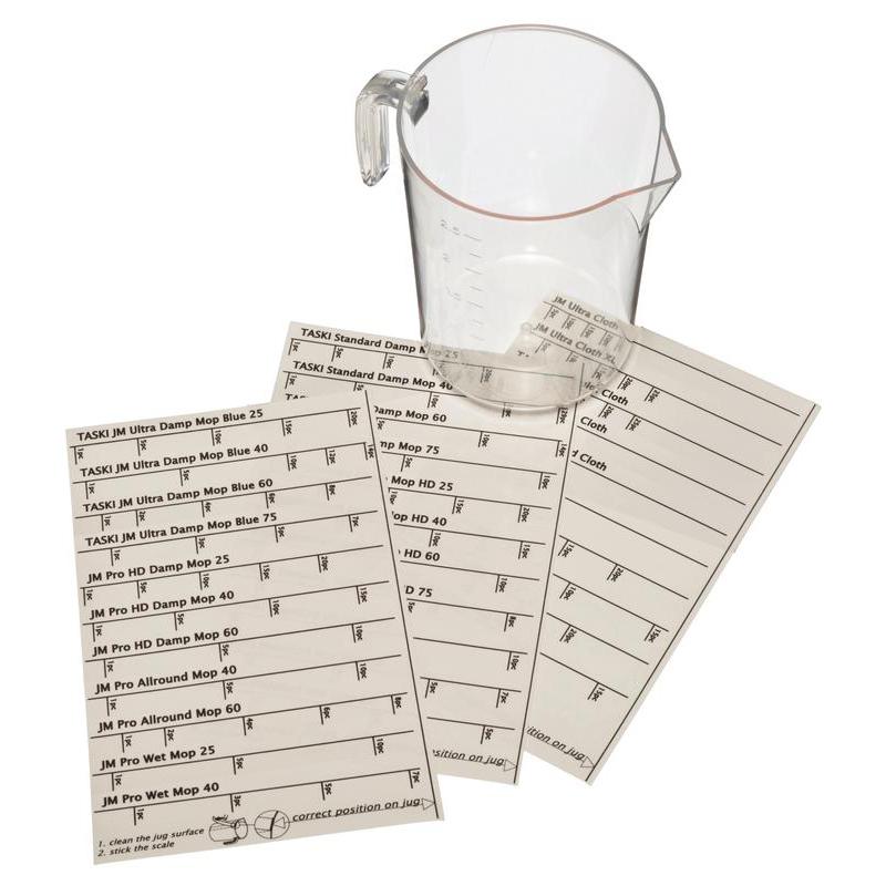 On three sheets from the sticker set for measuring cups, replacement sticker set for measuring cups | Pack (1 piece) from Diversey Deutschland GmbH & Co. OHG; the stickers list mop types with boxes and instructions. The background is white.