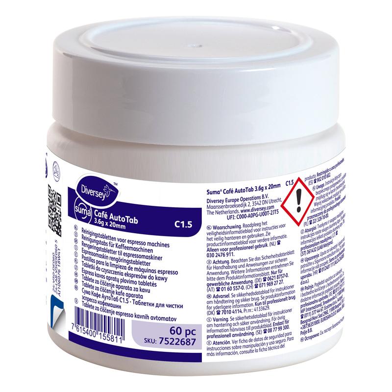 A white plastic container labeled "Suma Café AutoTab Cleaning Tablets for Espresso Machines 60 pcs." from Diversey Deutschland GmbH & Co. OHG contains 60 tablets for removing coffee oils/fats. The label includes safety and application instructions as well as a warning symbol.
