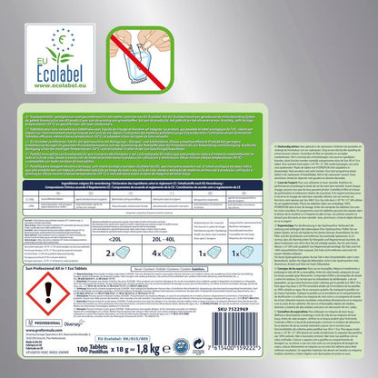 The label for SUN Professional All in One ECO Tabs dishwasher tablets from Diversey Deutschland GmbH & Co. OHG displays the EU Ecolabel and includes instructions, an ingredients list, and safety information in multiple languages. It contains an illustration showing a hand placing an ECO Tab into a container with a red prohibition sign.