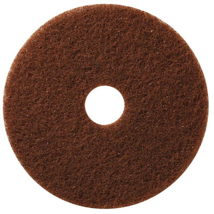 A brown, round TASKI Americo Pad Brown - Aggressive floor cleaning pad from Diversey Deutschland GmbH & Co. OHG with a rough texture and central hole, ideal for tough cleaning, shown from above on a white background.