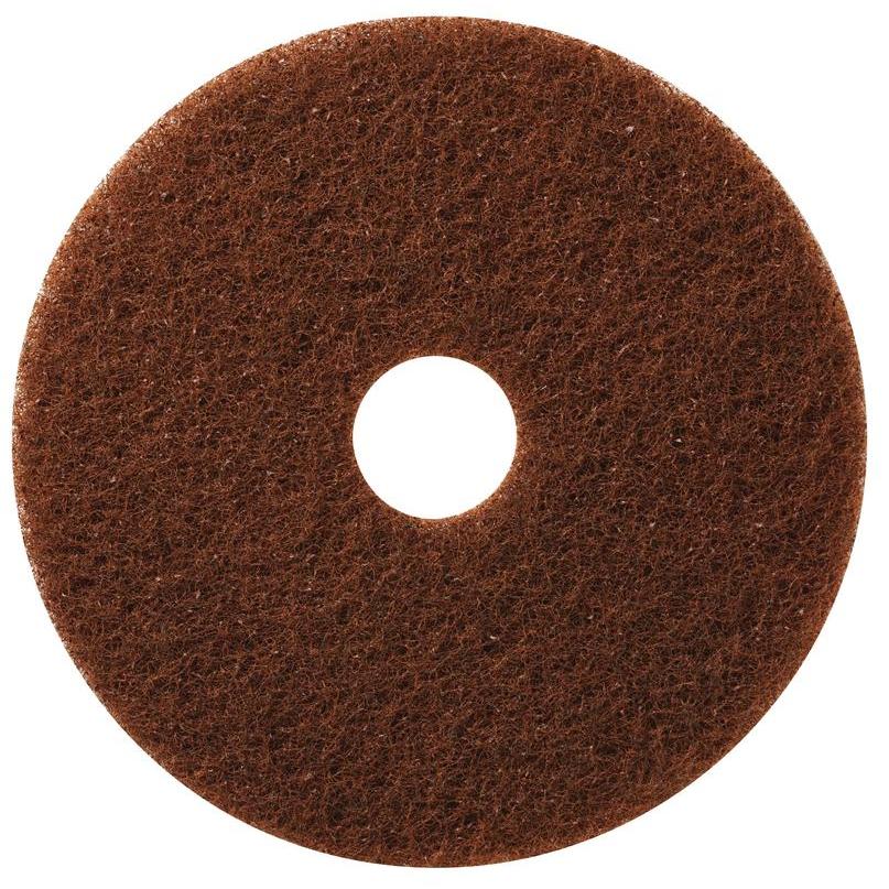 The TASKI Americo Pad Brown - Aggressive floor cleaning pad from Diversey Deutschland GmbH & Co. OHG is a round, brown pad with a rough texture and center hole, ideal for intensive floor cleaning with polishing or cleaning machines.