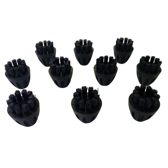 Ten identical black nylon brushes for the TASKI Steamer by Diversey Deutschland GmbH & Co. OHG (pack of 10) are scattered across a white background and feature short, stiff bristles in tufts for improved cleaning performance.