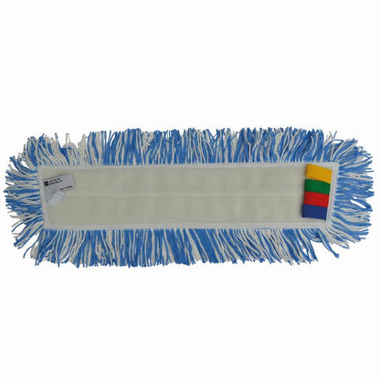 A rectangular TASKI Jonmaster Ultra HD Damp Mop from Diversey Deutschland GmbH & Co. OHG with blue and white fringes, a white fabric center, and four colored tags - yellow, green, red, blue - at one end against a plain white background.