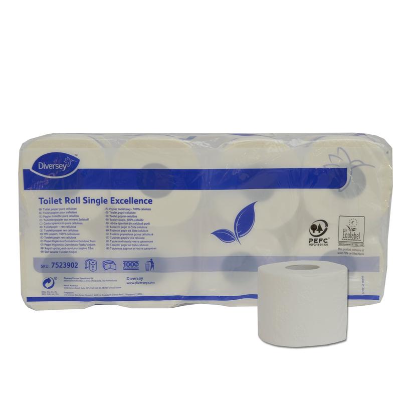 A pack of 8 Diversey Toilet Paper Single Excellence Rolls (3-ply, pure cellulose, high white, 250 sheets/roll) from Diversey Deutschland GmbH & Co. OHG, with one roll on the front; product information and the eco-certification logo are displayed on the packaging.