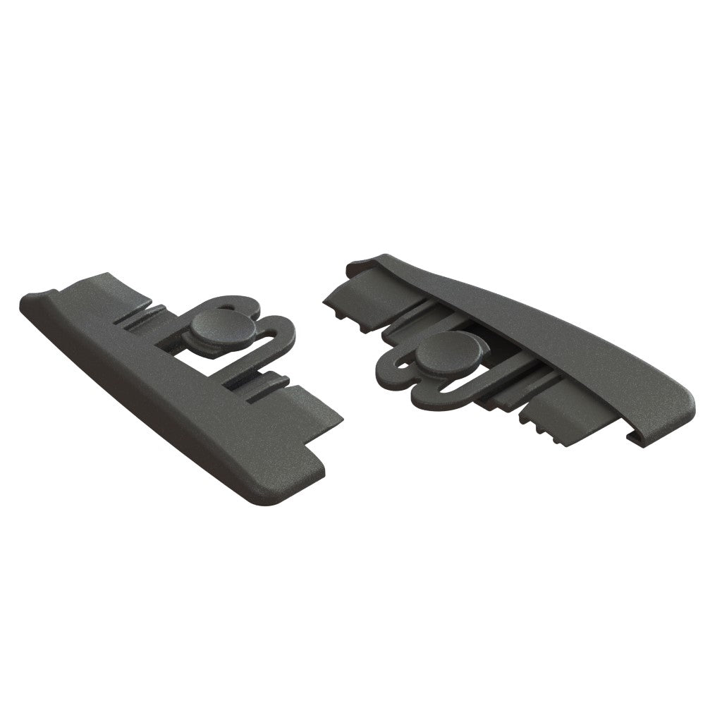 Two black Jonmaster UltraPlus end caps L/R made of plastic by Diversey Deutschland GmbH & Co. OHG, used as replacement caps for the UltraPlus mop holder, depicted with rounded edges and locking mechanisms on a white background (2 packs/carton).
