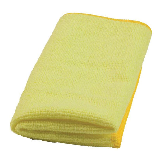 Ein gefaltetes gelbes TASKI MyMicro Microfasertuch 36 x 36 cm von Diversey Deutschland GmbH & Co. OHG, mit genähtem Rand, ideal für die farbcodierte Spritz- und Feuchtreinigung, ist auf weißem Hintergrund abgebildet (20 Stück pro Packung).