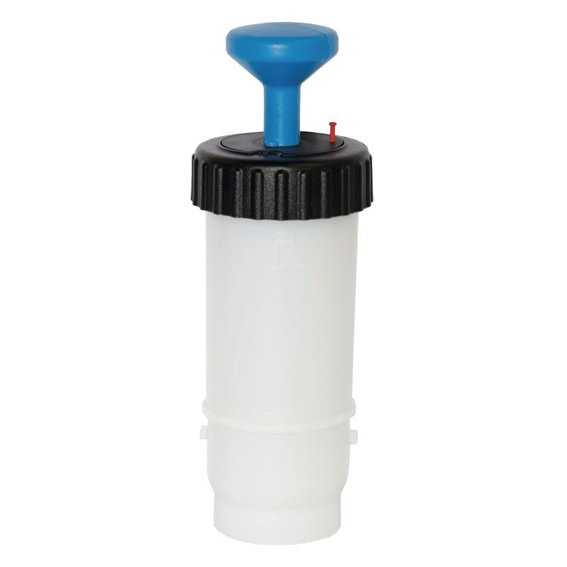 The TASKI VersaPlus 2.0 bottle 0.6 L blue from Diversey is a 600 ml pressure bottle made of white plastic with a black screw cap, blue T-handle, and red indicator, designed for the TASKI VersaPlus 2.0 cleaning system (1 piece).