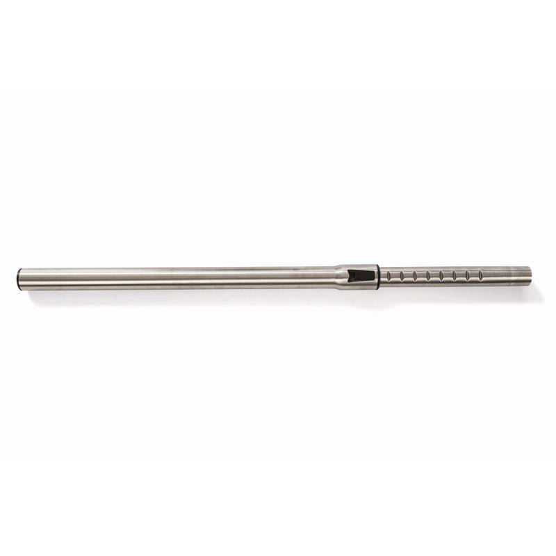 A reusable straight stainless steel straw with evenly distributed notches, depicting the precise design of the TASKI AERO telescopic suction tube 32mm by Diversey Deutschland GmbH & Co. OHG, shown on a white background.