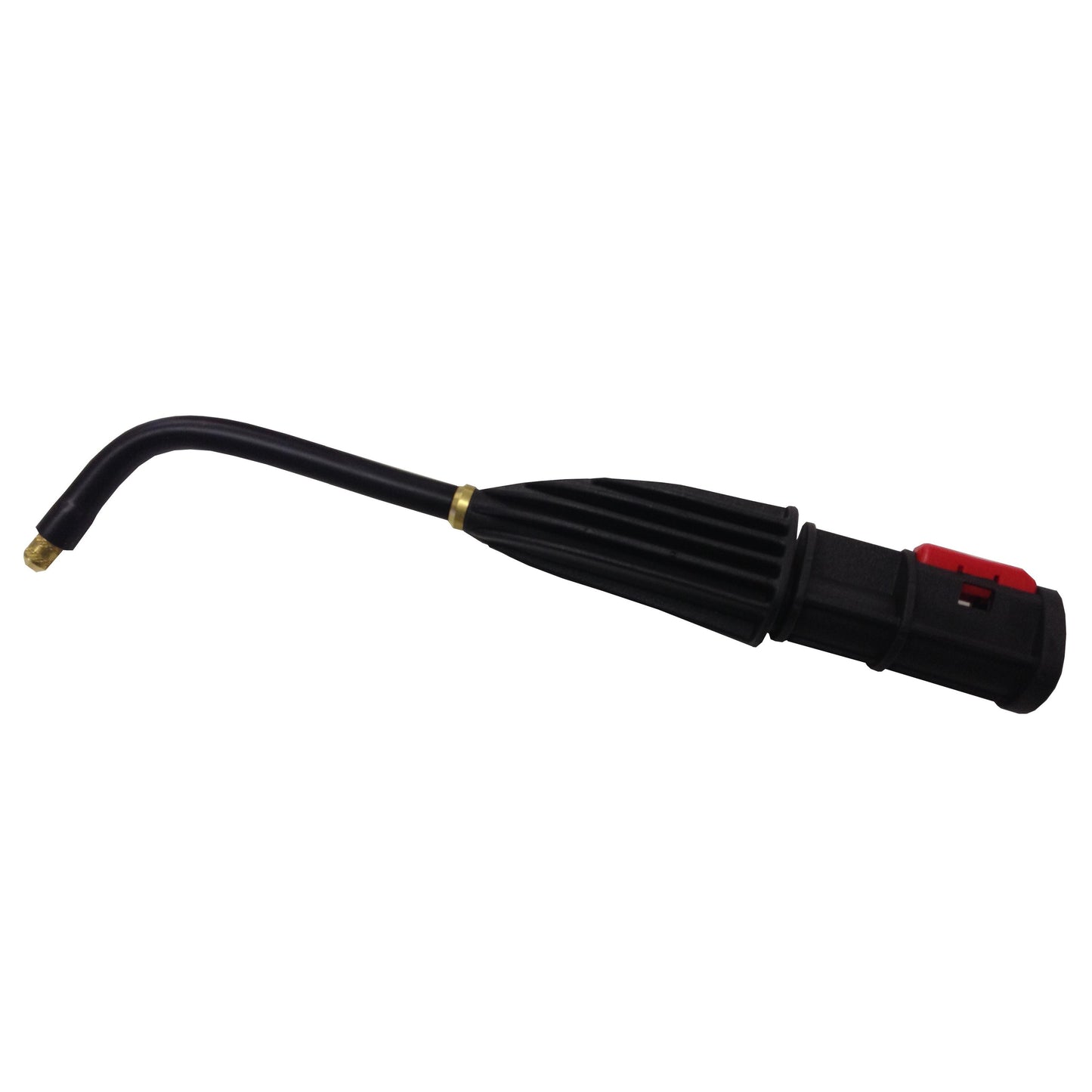 The Diversey Germany Bent Steam Lance for TASKI SO4 is a curved black steam lance with a brass tip and ribbed handle with a red button, designed for cleaning hard-to-reach areas and sold in a 1-pack.