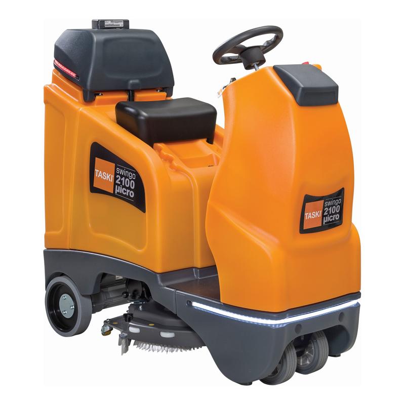 The TASKI swingo 2100µicro BMS Li-Ion from Diversey Deutschland GmbH & Co. OHG is a compact orange ride-on scrubber-dryer with a black seat, steering wheel, visible front brushes, and a 150Ah Li-Ion battery with an integrated charger for extended cleaning.
