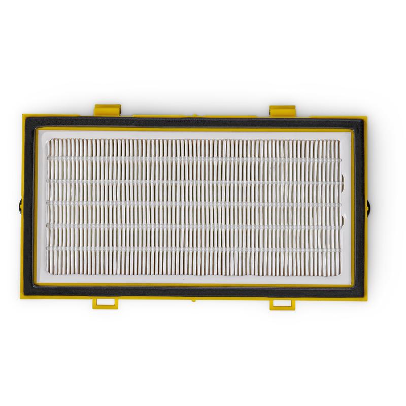 The TASKI Ultimaxx HEPA H13 filter from Diversey Deutschland GmbH & Co. OHG, optional, features a white pleated surface and a yellow-black frame for improved air quality in sensitive areas (Package: 1 piece).