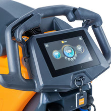 Close-up of a TASKI IntelliTouch, interactive control panel with touchscreen (Diversey Deutschland GmbH & Co. OHG) with black handles and an orange-black design. Below the screen is a key with a blue "TASKI" sign attached. Packaging: 1 piece.