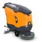 The TASKI ULTIMAXX 2900 SD50 from Diversey Deutschland GmbH & Co. OHG is a next-generation scrubber-dryer with an orange-gray housing, 63-liter tank, rear steering handle, wheels, and a brush on the floor. Pictured on a simple white background.