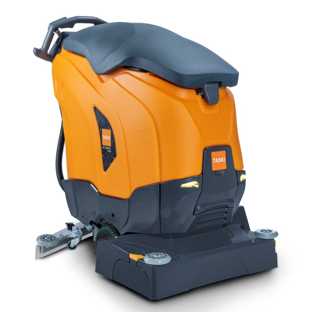 The TASKI ULTIMAXX 1900 RB65 Performance BMS 40A EBU is an industrial orange/black scrubber-dryer from Diversey Germany with wheel drive, 43L tank, and 65cm dual roller for efficient floor cleaning.