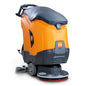The orange-gray TASKI ULTIMAXX 1900 SD43 Economy P BMS 13 from Diversey features a 43 cm long single disc, a 42-liter tank, a handle, wheels, and a round scrubbing pad at the bottom. Pictured from the back/side. Package (1 piece), without drive.
