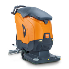 The TASKI ULTIMAXX 1900 OB50 Performance BMS 13A EBU from Diversey Deutschland is an orange/black scrubber drier of the next generation with wheel drive, 42L tank, 50cm orbital deck, wheels, handle, and side brushes - seen from the back here.