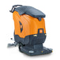 The TASKI ULTIMAXX 1900 OB50 Performance BMS 13A EBU from Diversey Deutschland is an orange/black scrubber drier of the next generation with wheel drive, 42L tank, 50cm orbital deck, wheels, handle, and side brushes - seen from the back here.