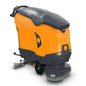 The TASKI ULTIMAXX 2900 DD55 Performance from Diversey Germany is a next-generation industrial scrubber-dryer with an orange-gray design, wheels, handle, 63L tank, and 55cm dual disc brushes for efficient cleaning.