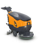 The TASKI ULTIMAXX 900 SD50 P from Diversey Germany is an orange-gray, non-driven scrubber dryer with a control handle, two large wheels, a 20L tank, and a front 50cm single disc on a white background.