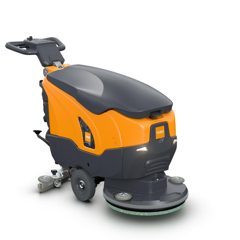 The TASKI ULTIMAXX 900 SD50 P BMS 13A gel ready from Diversey Deutschland GmbH & Co. OHG is an orange-gray industrial floor scrubber with a handlebar, wheels, a front scrubbing brush, and side control buttons for effective cleaning. Package: 1 piece.