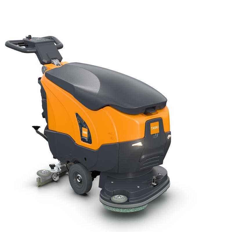 The TASKI ULTIMAXX 900 DD55 P BMS 13A gel ready from Diversey Deutschland GmbH & Co. OHG is an orange-gray industrial floor scrubber-dryer with control handles, wheels, and brush - ideal for all surfaces for a clean, shiny finish.
