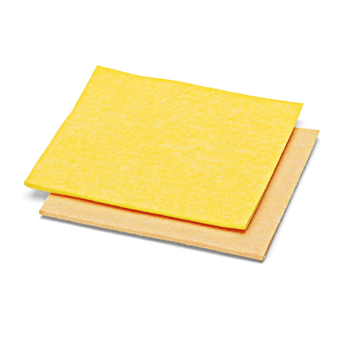 Zwei rechteckige Nölle Profi Brush Allzwecktücher Vlies (40x38 cm, farblich sortiert) sind auf weißem Grund gestapelt, wobei das gelbe Tuch das darunter liegende beige Tuch leicht überlappt. Die Packung enthält 20 Tücher.