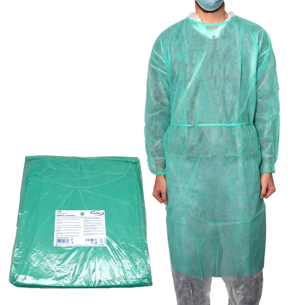 MaiMed-Coat Protect, protective gown made of fleece, green non-sterile, elastic sleeve cuffs, length 120cm, 10 pieces | Pack (10 pieces)