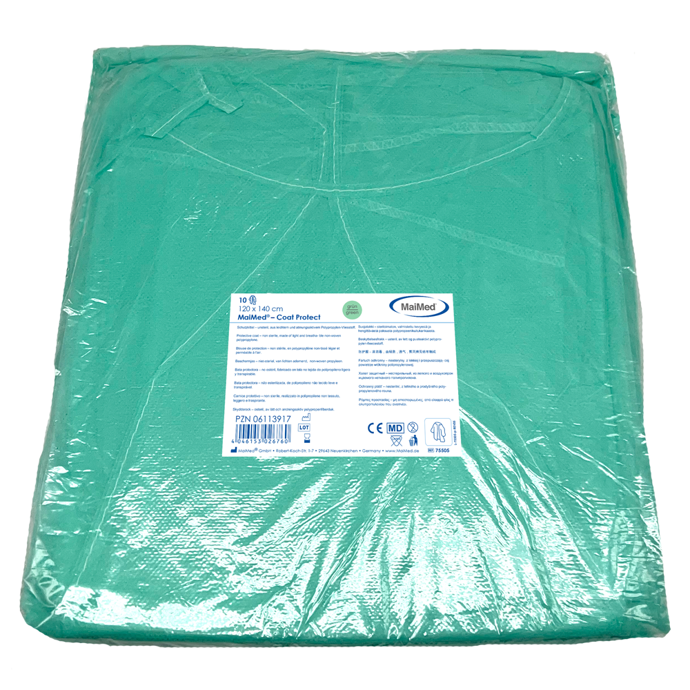 MaiMed-Coat Protect, protective gown made of fleece, green non-sterile, elastic sleeve cuffs, length 120cm, 10 pieces | Pack (10 pieces)