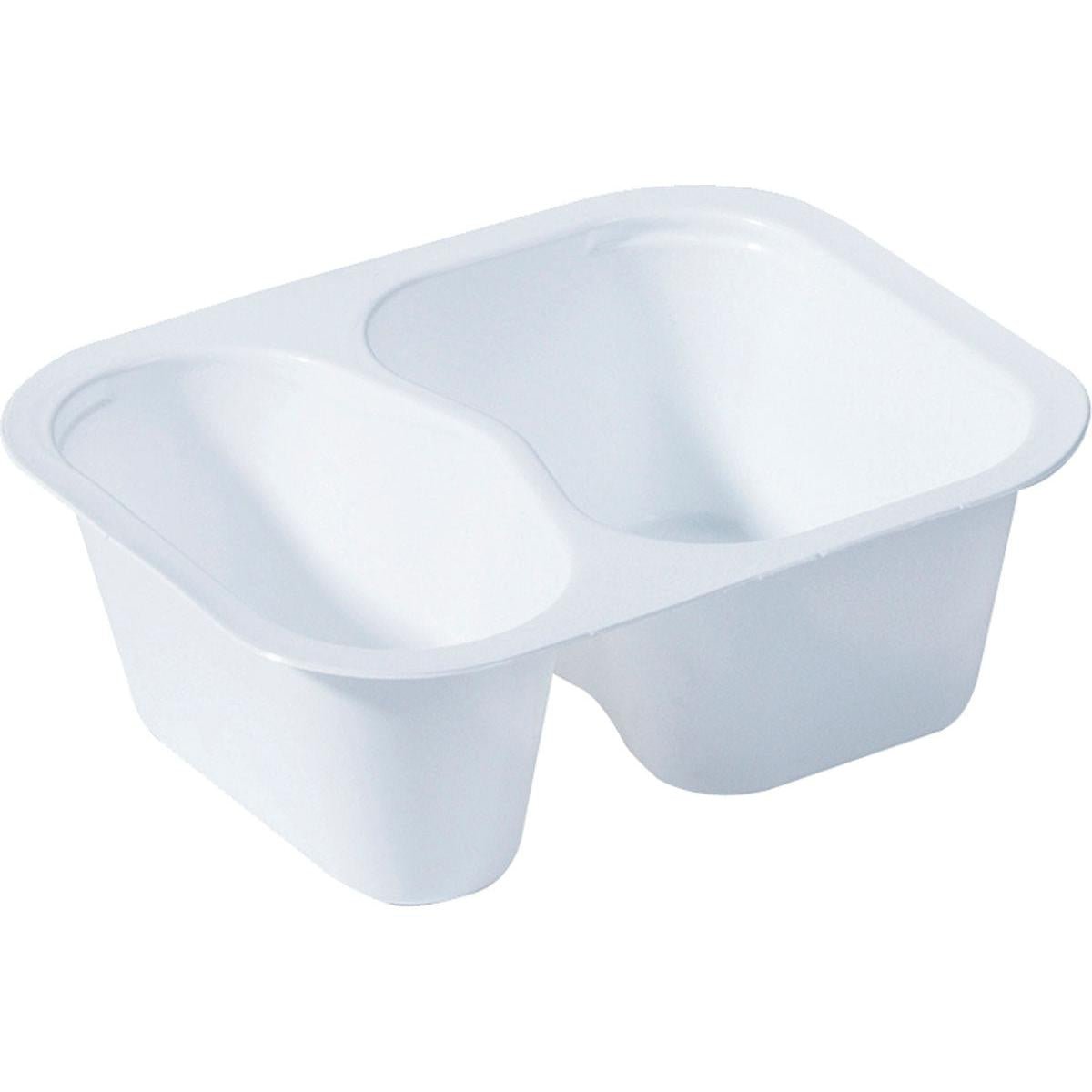 The Duni GmbH PP Bowl 2 White PP 138x114x53 is a white plastic tray with two compartments, ideal for food or spices in the catering industry; available in packs of 480 pieces.