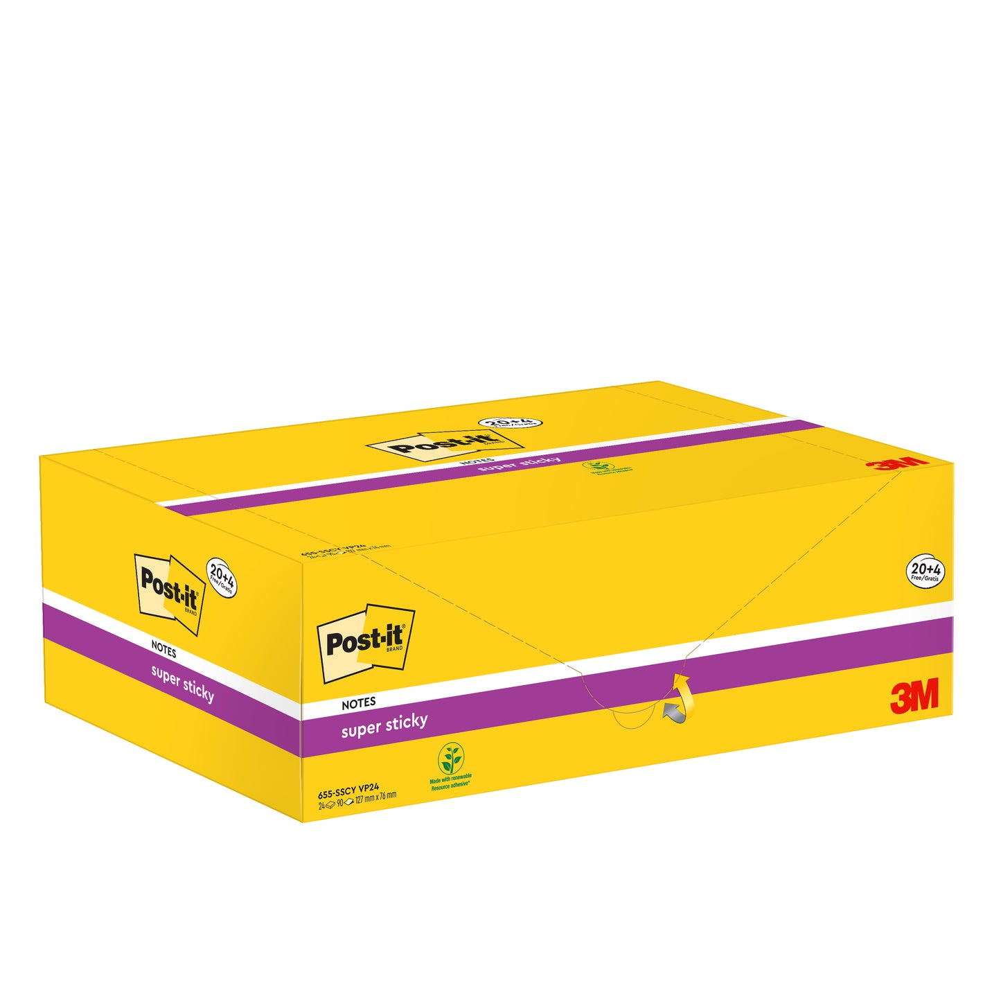 Eine gelbe Schachtel mit 3M Post-it® Super Sticky Notes, Gelb, 76x127mm, 90 Blatt pro Block, 24 Blöcke pro Packung (PEFC-zertifiziert), zeigt das Markenlogo und das Produktbild auf der Kartonverpackung.