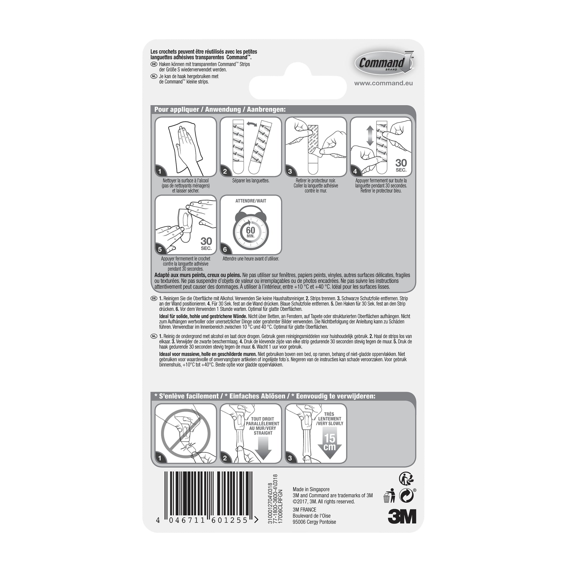 Rückseite einer Command™ Mini-Haken Packung (1 Stück, transparent mit transparenten Strips, 17006CLR) von 3M Deutschland GmbH mit Schritt-für-Schritt-Anleitung und mehrsprachigem Text zum Anbringen und Entfernen.