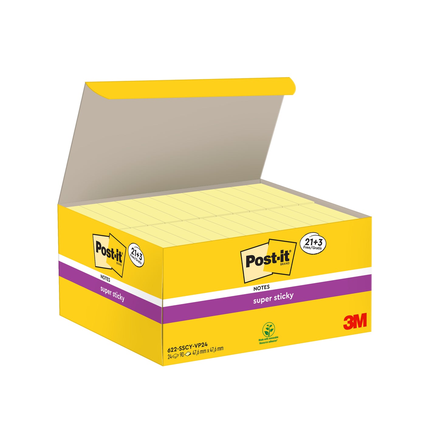 Eine geöffnete gelbe Schachtel mit 3M Post-it® Super Sticky Notes (Gelb, 47,6x47,6mm, 90 Blatt/Block), Werbepackung mit 21 Blöcken plus 3 Gratisblöcken, zeigt das Logo und lila-weiße Produktangaben. Hergestellt aus 100% PEFC-zertifiziertem Papier.