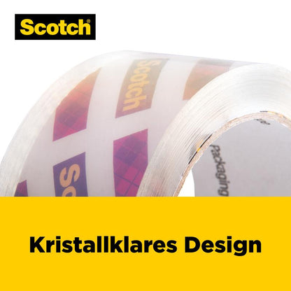 A close-up of a roll of Scotch® Box Lock™ packaging tape (48 mm x 20.3 m) from 3M Deutschland GmbH, showing the logo. Below the tape is a yellow banner with the words "Crystal Clear Design" in black letters.