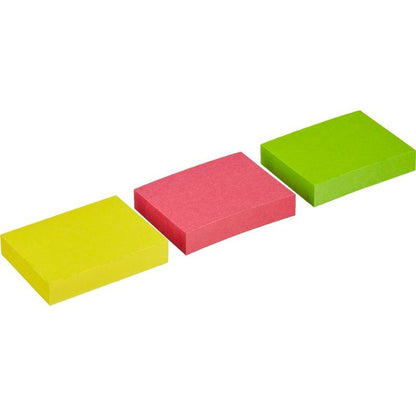Three 3M Post-it® sticky notes in various neon colors (38 x 51 mm, 100 sheets/pad, 3 pads/pack) are PEFC certified and add a vibrant touch to any workspace.