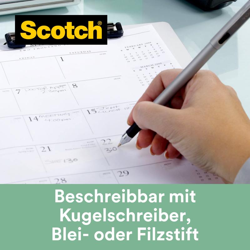 A hand writes with a pen on a desk calendar. The calendar, held by a clipboard, shows the logo of 3M Deutschland GmbH Scotch® Magic™ Tape and a German text indicating that it is writable - even on invisible tape - with 66% plant-based adhesive.