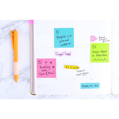 An open planner with 3M Post-it® Notes (76 mm x 127 mm, 100 sheets/block, 6 blocks/pack) from 3M Deutschland GmbH marks events: English Lit Journal due date, Sarah's birthday, band concert, swimming competition in Sheridan, and studying for the test.