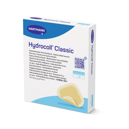 A white box of Hydrocoll Classic sterile dressing from Paul Hartmann AG, 7.5 x 7.5 cm, pack of 10, with multilingual text and an image of a yellowish dressing for moist wound treatment on the front.
