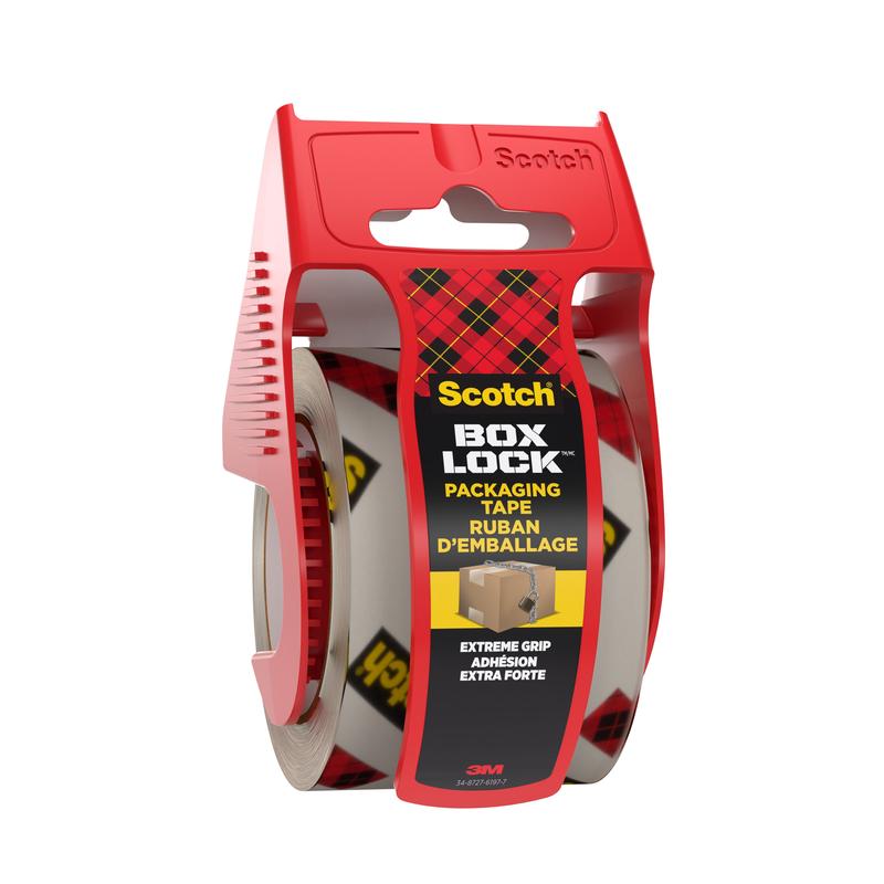 The Scotch® Box Lock™ packaging tape (48 mm x 20.3 m) from 3M Deutschland GmbH is delivered in a red plastic dispenser with an integrated cutter and handle and is marked with a black-yellow "Extreme Grip" label for secure packaging.