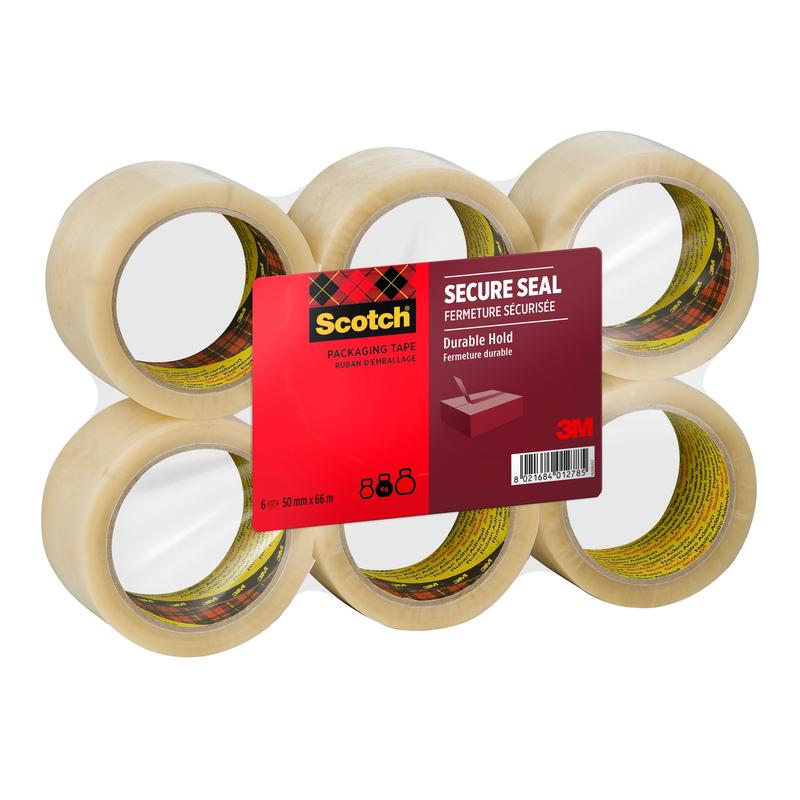 Pictured is a six-pack of Scotch® packaging tape for a secure seal (50 mm x 66 m) from 3M Deutschland GmbH with a red-yellow label reading "Secure Seal, Durable Hold, 6 Rolls."