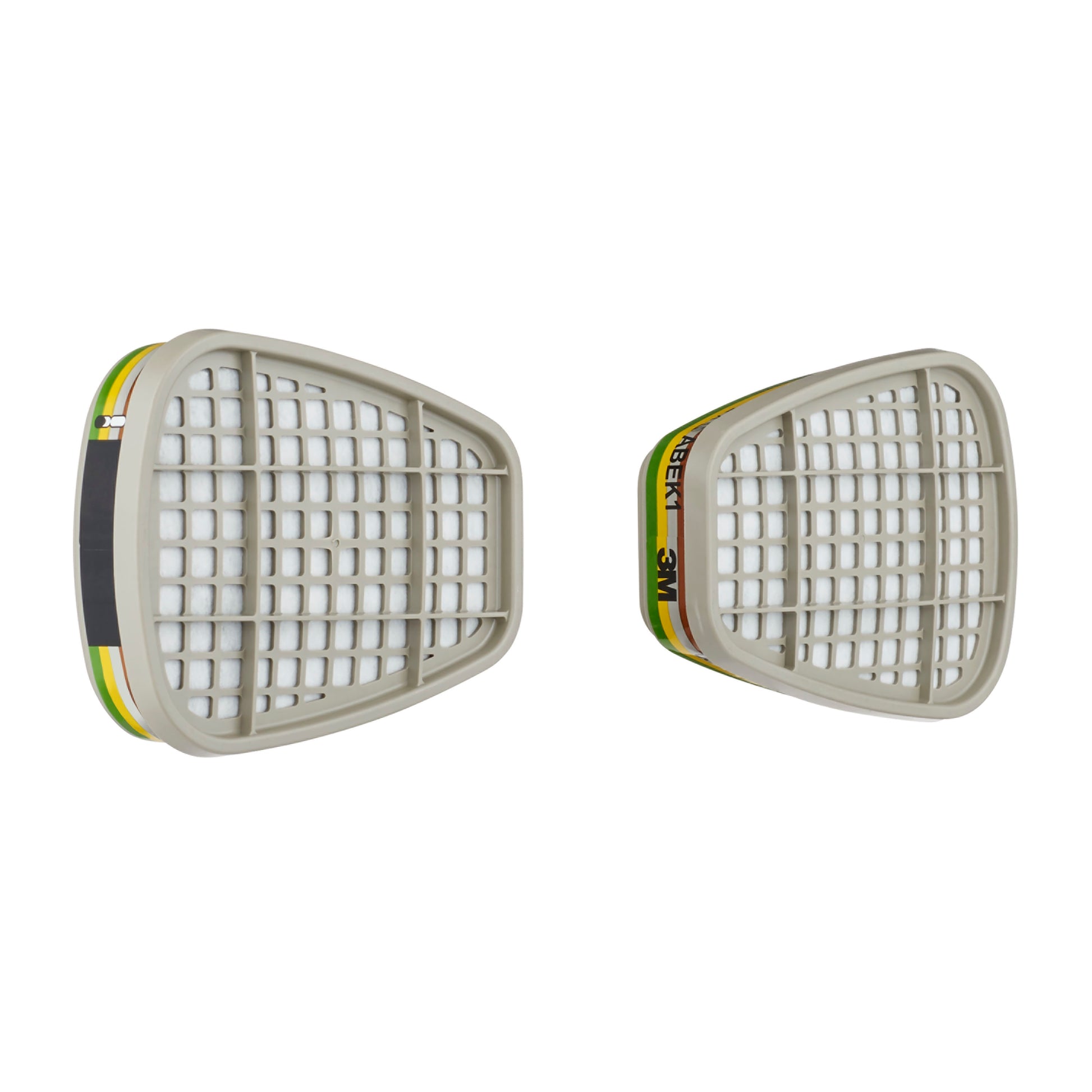 Zwei rechteckige 3M™ Filterpatrone 6059 ABEK1-Kombinationsfilter (1 Paar, 3M Deutschland GmbH) mit grauen Gittern und farbigen Etiketten sind von vorne und von der Seite auf weißem Hintergrund dargestellt.