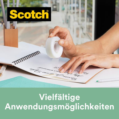 A person uses Scotch® Magic™ Tape, made with 66% plant-based adhesive (19 mm x 30 m, 1 roll/pack), from 3M Deutschland GmbH from a dispenser to attach paper to a notebook. "Various application possibilities" is written below; the Scotch logo appears at the top left.