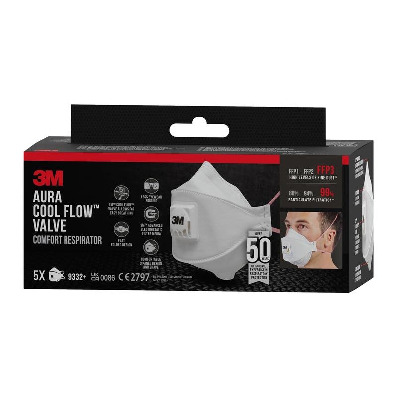 A pack of 3M™ Aura™ Comfort Cool Flow™ Particulate Respirator 9332+, FFP3, with valve from 3M Germany GmbH, with a white mask with valve. The pack contains 5 masks, each offering FFP3 protection and particle filtration of over 99%.